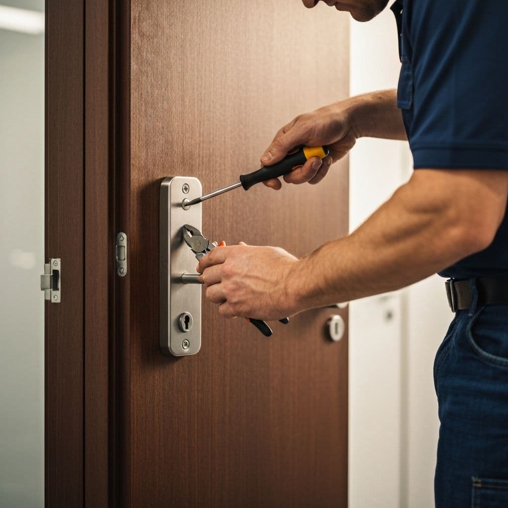 Tecnico instalando cerradura de seguridad profesionalmente